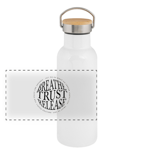Breathe. Trust. Release. | Thermosflasche Edelstahl mit Bambusdeckel, 500/750 ml – SoulAndPixel Streetwear & Accessoires